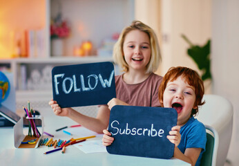 children's educational and entertainment content, follow and subscribe. happy kids holding...