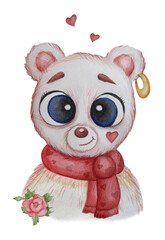 Portrait of a polar bear. A girl in a red scarf with hearts, an earring in her ear and a rose. Watercolor. Cute animal on white background. Hand drawing. For design, postcards, childrens collection