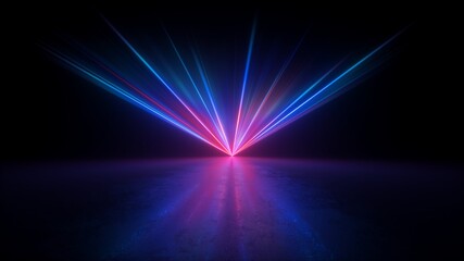 3d render, digital illustration. Abstract neon background. Bright projector shining on the dark empty stage, glowing pink blue laser rays in the dark - obrazy, fototapety, plakaty