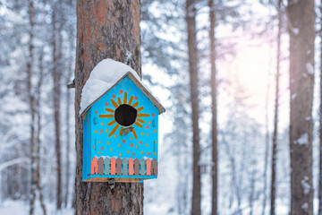 blue birdhouse in the forest in winter, birdhouse in the snow, spring is coming, welcome spring, home sweet home