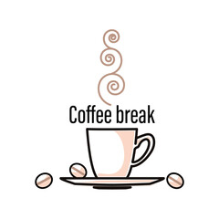 Coffee break. Icon, emblem. Coffee time. Linear symbol for web and mobile phone on white background. Coffee cup and coffee beans. Vector graphic illustration   isolated on white background.