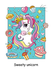 Cute unicorn head with sweets and cakes colorful vector illustration