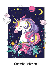 Beauty cosmic unicorn with flowers and stars colorful vector illustration
