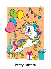 Cute party unicorn with balloons colorful vector illustration