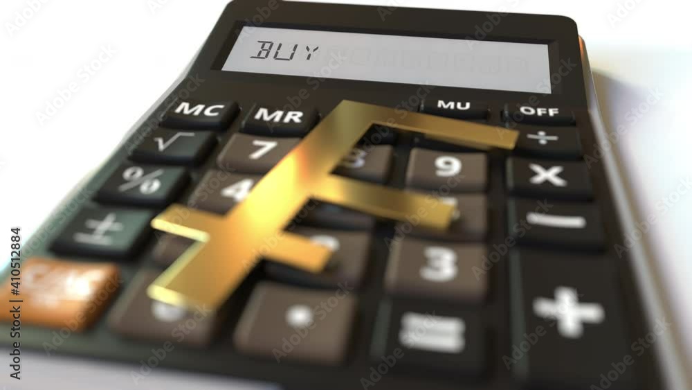 Poster franc currency symbol on the keys and buy text on calculator display. conceptual 3d animation