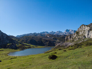 View of glacial Lake Ercina or Lagoa de la Ercina, nestled among marvelous mountain tops, Lakes of...