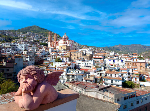 Mexico, Taxco city lookout overlooking scenic hills and colorful colonial historic city center.