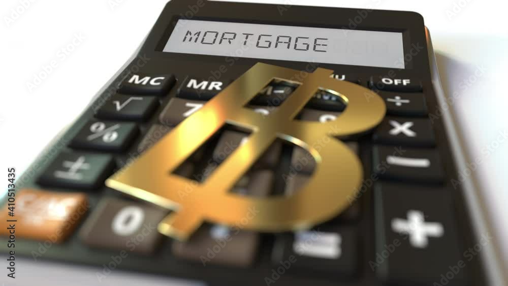 Poster mortgage text on calculator display and baht currency symbol. conceptual 3d animation