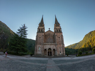 Fototapeta na wymiar Covadonga, Spain - September 4, 2020: The Basilica of Covadonga (Basilica de Santa María la Real de Covadonga) in Covadonga, Asturias, Spain.