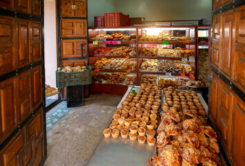 Bakery selling fresh pastry on a colorful Puebla streets in Zocalo historic city center.