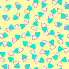 Simple heart seamless pattern,endless chaotic texture made of tiny heart silhouettes.Valentines,mothers day background.Great for Easter,wedding,scrapbook,gift wrapping paper,textiles.Lilac,azure,Ivory