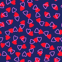 Simple hearts seamless pattern,endless chaotic texture made of tiny heart silhouettes.Valentines,mothers day background.Great for Easter,wedding,scrapbook,gift wrapping paper,textiles.Red,lilac,blue