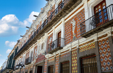 Colorful Puebla streets and colonial architecture in Zocalo historic city center.