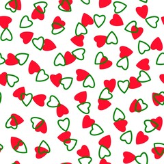Simple hearts seamless pattern,endless chaotic texture made of tiny heart silhouettes.Valentines,mothers day background.Great for Easter,wedding,scrapbook,gift wrapping paper,textiles.Red,green,white