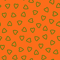 Simple hearts seamless pattern,endless chaotic texture made of tiny heart silhouettes.Valentines,mothers day background.Great for Easter,wedding,scrapbook,gift wrapping paper,textiles.Green on orange