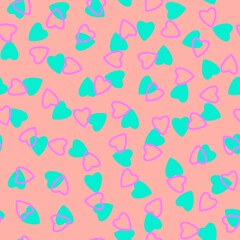 Simple hearts seamless pattern,endless chaotic texture made of tiny heart silhouettes.Valentines,mothers day background.Great for Easter,wedding,scrapbook,gift wrapping paper,textiles.Azure on pink