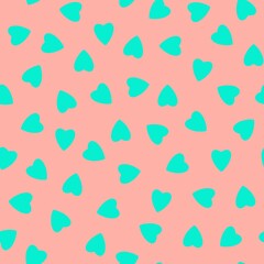 Fototapeta na wymiar Simple hearts seamless pattern,endless chaotic texture made of tiny heart silhouettes.Valentines,mothers day background.Great for Easter,wedding,scrapbook,gift wrapping paper,textiles.Azure on pink