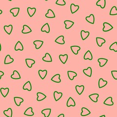 Simple hearts seamless pattern,endless chaotic texture made of tiny heart silhouettes.Valentines,mothers day background.Great for Easter,wedding,scrapbook,gift wrapping paper,textiles.Green on pink