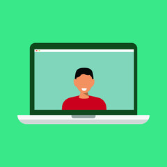 people connecting together, learning or meeting online with teleconference, video conference remote working on laptop computer, work from home, new normal concept, flat vector illustration