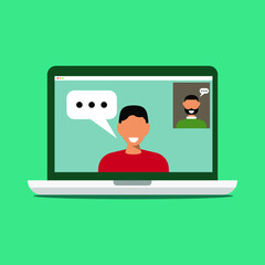 people connecting together, learning or meeting online with teleconference, video conference remote working on laptop, work from home and work from anywhere concept, flat vector illustration