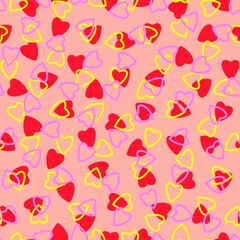 Simple hearts seamless pattern,endless chaotic texture made of tiny heart silhouettes.Valentines,mothers day background.Great for Easter,wedding,scrapbook,gift wrapping paper,textiles.Red,yellow,peach