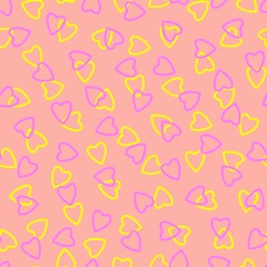 Simple hearts seamless pattern,endless chaotic texture made tiny heart silhouettes.Valentines,mothers day background.Great for Easter,wedding,scrapbook,gift wrapping paper,textiles.Lilac,yellow,peach
