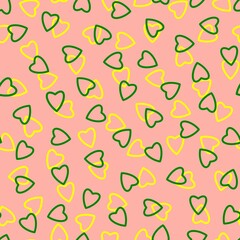 Simple hearts seamless pattern,endless chaotic texture made tiny heart silhouettes.Valentines,mothers day background.Great for Easter,wedding,scrapbook,gift wrapping paper,textiles.Green,yellow,peach