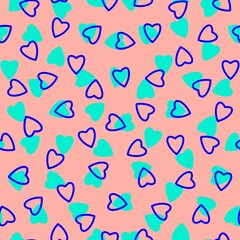 Simple hearts seamless pattern,endless chaotic texture made of tiny heart silhouettes.Valentines,mothers day background.Great for Easter,wedding,scrapbook,gift wrapping paper,textiles.Azure,blue,peach