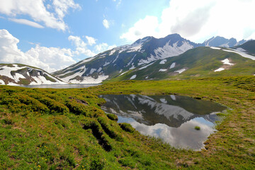 Landscape with lake and mountains reflected