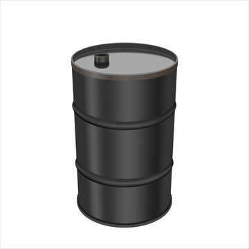 Black metal barrel isolated on white background. Concept of the financial crisis on the oil market. 200L Industrial Oil Barrel. Single black barrel, raster illustration