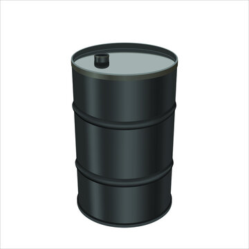 Black metal barrel isolated on white background. Concept of the financial crisis on the oil market. 200L Industrial Oil Barrel. Single black barrel, vector illustration