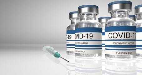 Bottles coronavirus vaccine COVID-19. Glass vials with sars-cov-2 vaccine and syringe on light background 3D illustration