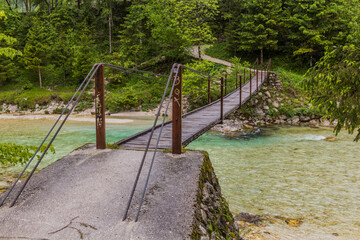 Hanging bridge over Soca river near Bovec village, Slovenia