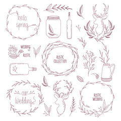 Rustic set with deers, bottles, wreathes, branches, leaves for invitation cards