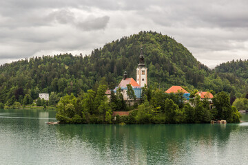 Fototapeta na wymiar View of Bled lake with the Pilgrimage Church of the Assumption of Maria, Slovenia
