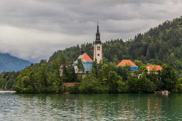 Fototapeta na wymiar View of Bled lake with the Pilgrimage Church of the Assumption of Maria, Slovenia