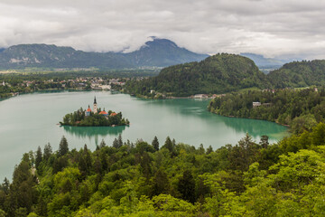 Aerial view of Bled lake with the Pilgrimage Church of the Assumption of Maria, Slovenia