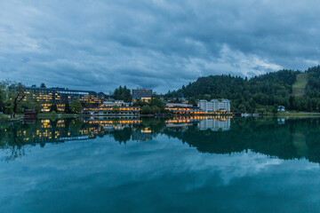 Bled town reflecting in Bled lake, Slovenia
