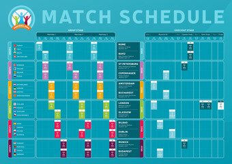 Football 2020 tournament final stage Match schedule, template for web, print, football results table, flags of European countries football championship 2021, vector illustration.
