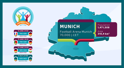 Isometric Germany country map tagged in Munich stadium which will be held football matches vector illustration. Football 2020 2021 tournament final stage infographic and country info
