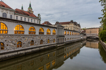 Naklejka premium Plecnik arcade market building reflecting in Ljubljanica river in Ljubljana, Slovenia