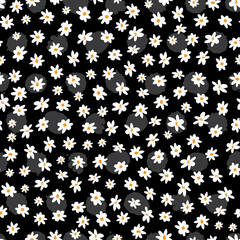 Vector black and white sparse scattered small fun daisy flowers repeat pattern with grey polka dot background. Suitable for textile, gift wrap and wallpaper.
