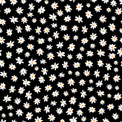 Vector black and white sparse scattered small fun daisy flowers repeat pattern with orange center. Suitable for textile, gift wrap and wallpaper.