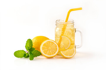 Glass of lemonade with lemon and mint leaves isolated on white background.