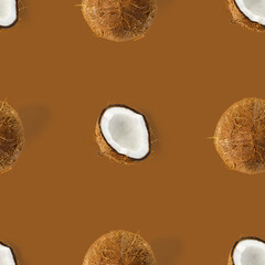 coconut Seamless pattern. Tropical abstract background with isolated Coconut on brown background. flat lay.
