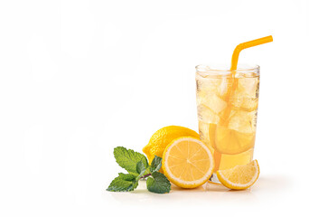 Glass of lemonade with mint  and lemon sliced on white background.