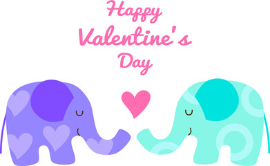 Happy Valentine’s Day greeting card with inscription. Pair of cute kawaii lilac and blue cartoon elephant characters with patterns and heart
