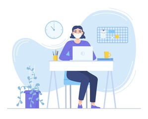 Girl in face mask sitting at the desk with laptop. Lockdown, remote work, freelancer workspace, quarantine online education concept