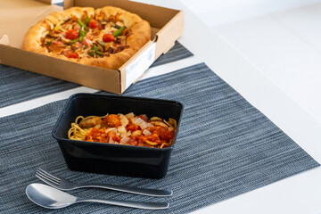Set lunch, pizza with pasta. Food delivery