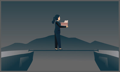 
vector illustration of a business woman carrying a box, walking on a rope, business balance concept